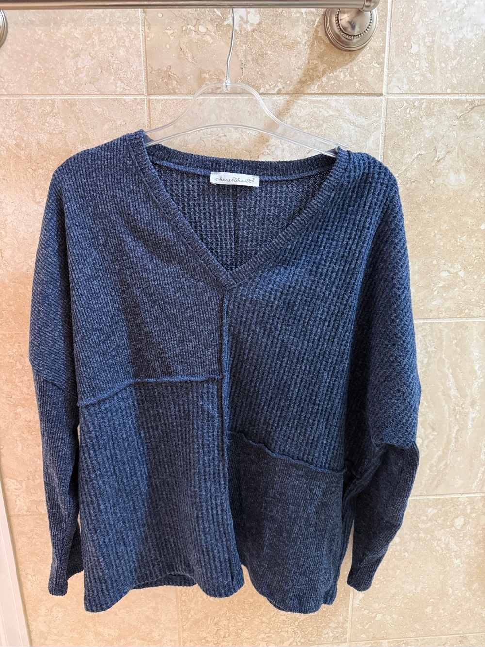 Keren Hart Women's Navy V-Neck Patchwork Knit Sweater